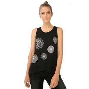 Desigual Tank Top Womens XL Layered Graphic Sleeveless Black Asymmetrical Boho